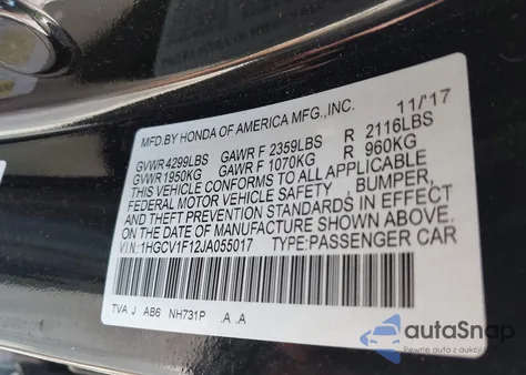 2018 Honda Accord Lx из США, поврежденный, VIN 1HGCV1F12JA055017